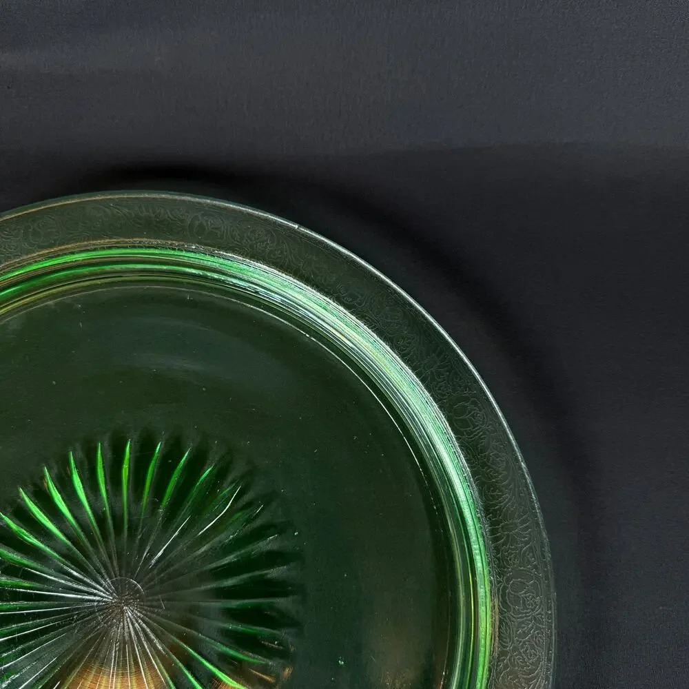 Vintage Uranium Glass Plates 13 inch Green Depression Glass UV Glow